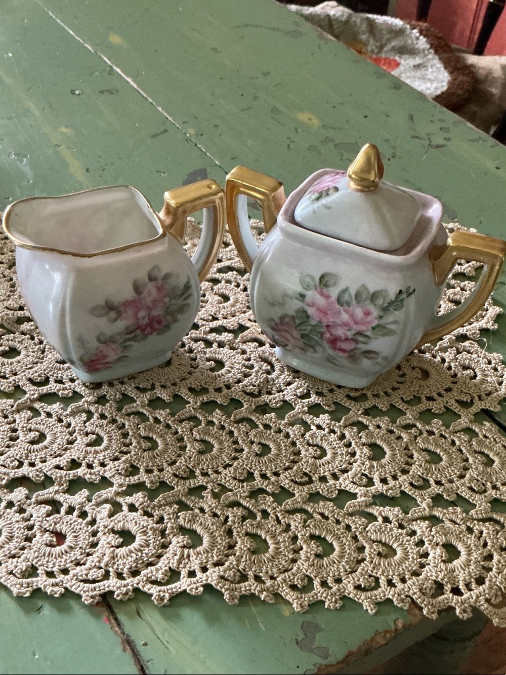 Vintage Floral Porcelain Creamer and Sugar Set with Gold Accents